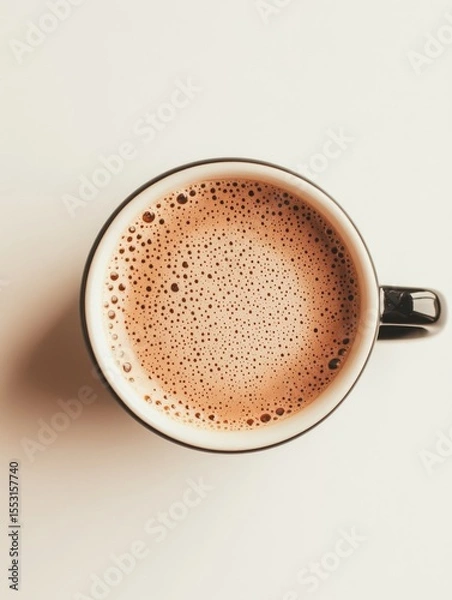 Fototapeta A close up view of a cappuccino in a white cup, showcasing the intricate bubble patterns on the surface of the coffee, set against a neutral background