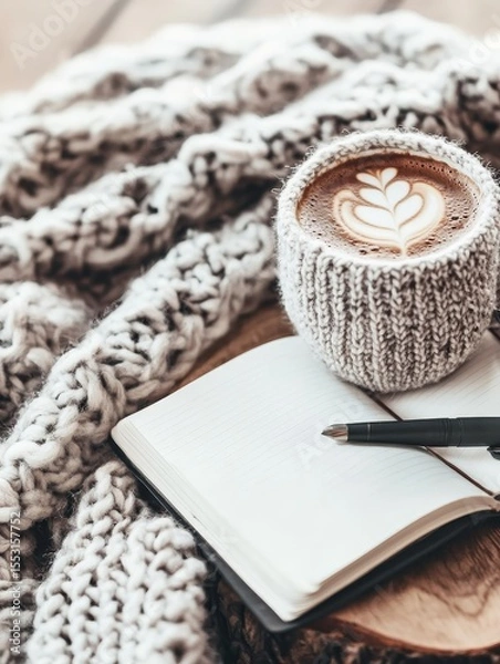 Fototapeta A knitted cup cozy holding a latte with leaf art, placed next to an open notebook and pen on a chunky knit blanket, creating a warm and inviting atmosphere