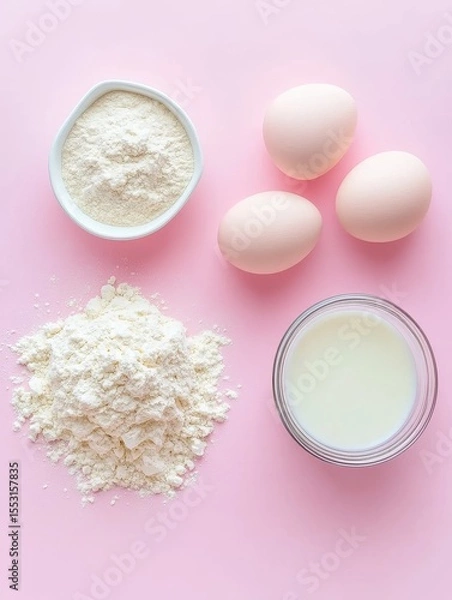 Fototapeta Baking essentials including flour, eggs, and milk arranged on a pastel pink background, showcasing the start of a culinary creation
