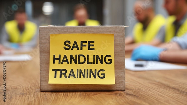 Fototapeta Safe handling training in warehouse with supervisors instructing new recruits seated for guidance on material movement and safety procedures during operation