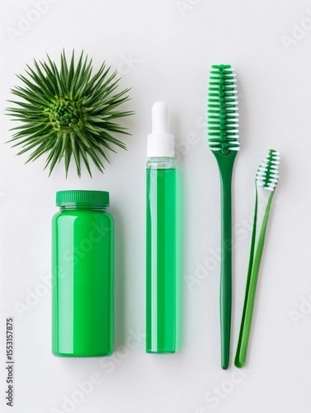 Fototapeta A collection of green personal care items including toothbrushes, bottles, and a succulent plant, arranged on a white background to showcase sustainable living