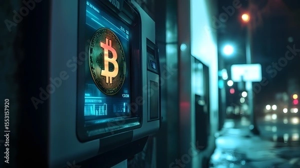Obraz Bitcoin ATM in the City: A modern Bitcoin ATM gleams brightly against the backdrop of a vibrant cityscape at night, symbolizing the fusion of cryptocurrency and urban life. 