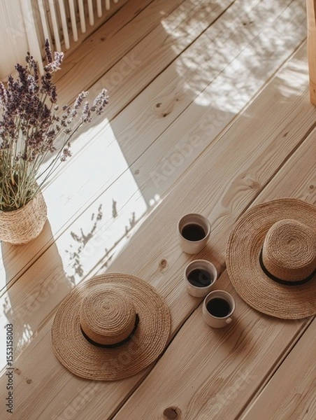 Fototapeta Wooden floor with coffee cups, straw hats, and dried lavender in a woven basket, bathed in soft sunlight creating long shadows. Cozy and serene atmosphere