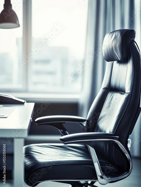 Fototapeta Elegant black leather executive chair in a modern office setting, positioned near a large window with a view of city buildings. Professional and sophisticated ambiance