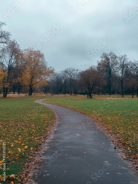 Fototapeta A curved pathway winds through a tranquil autumn park, surrounded by trees with golden foliage and a moody overcast sky, creating a serene atmosphere