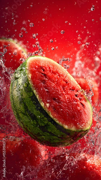Fototapeta Fresh Watermelon Slice Splashing in Water on Red Background