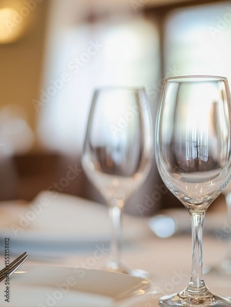Fototapeta Close up of pristine wine glasses on a white tablecloth, set for an elegant dining experience. Soft focus background creates an atmosphere of luxury and sophistication