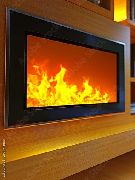 Fototapeta A sleek, built in electric fireplace with vibrant flame display, set in a wooden entertainment unit, creates a warm and inviting atmosphere in a contemporary living space