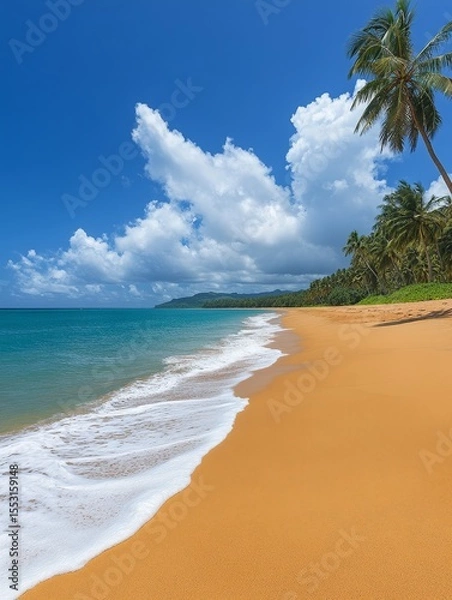 Fototapeta A pristine tropical beach with golden sand, turquoise water, and lush palm trees under a bright blue sky with fluffy white clouds, embodying the perfect vacation destination