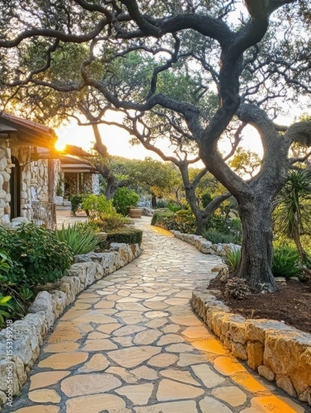 Fototapeta Winding stone pathway through a lush garden, framed by ancient oak trees with sunlight filtering through branches, creating a magical golden hour ambiance