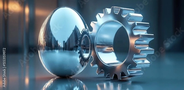 Obraz Two shiny metallic objects including a chrome egg and a large gear standing on a smooth surface with a blurred background and soft lighting reflecting on their surfaces