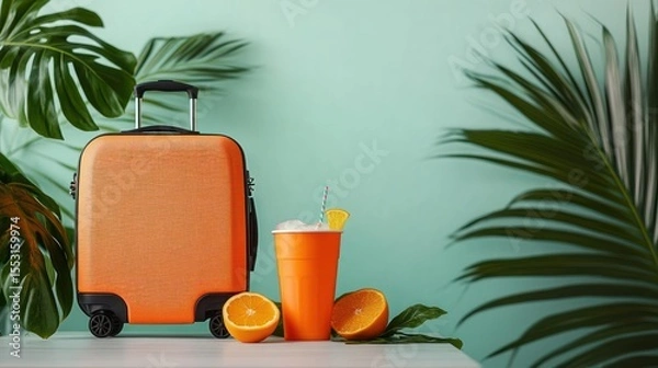 Obraz Bright orange suitcase next to a cold orange drink with ice and straw surrounded by fresh orange halves and green tropical leaves on a light turquoise background