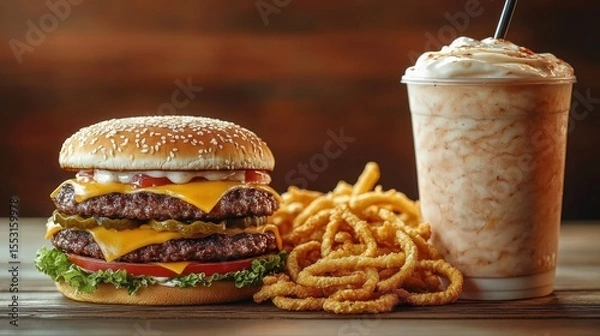 Obraz Double cheeseburger with lettuce, tomato, pickles, ketchup, and mayonnaise served with curly fries and a creamy whipped topping milkshake