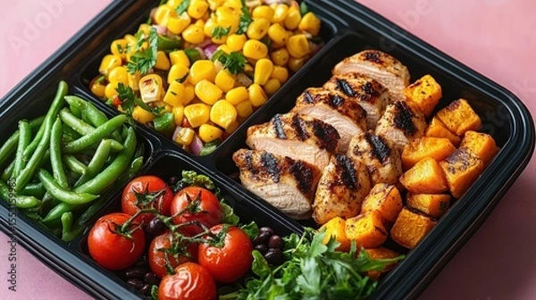 Obraz Grilled chicken breast and roasted butternut squash with green beans, cherry tomatoes, corn salad, and fresh greens in a black divided meal container