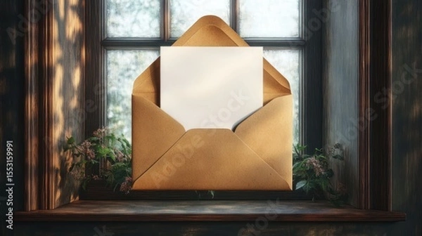 Obraz Brown craft envelope with a blank white card inside placed on a wooden window sill with green plants and soft natural light casting shadows