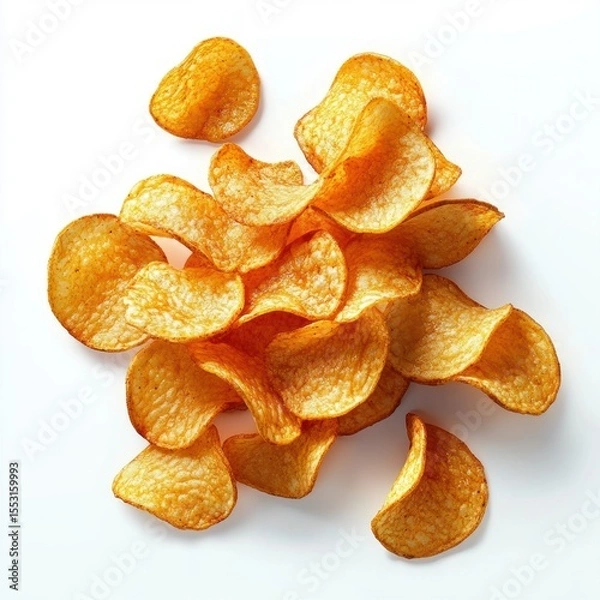 Obraz Close up of a pile of golden crispy potato chips on a white background showing texture and curves