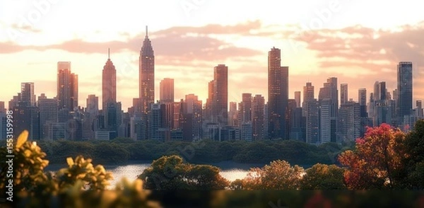Obraz Modern city skyline at sunset with a river and lush green and autumn-colored trees in the foreground