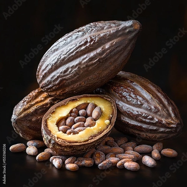 Obraz Close-up of whole and halved cacao pods with cacao beans spilling out on dark background, showcasing natural texture and rich brown colors