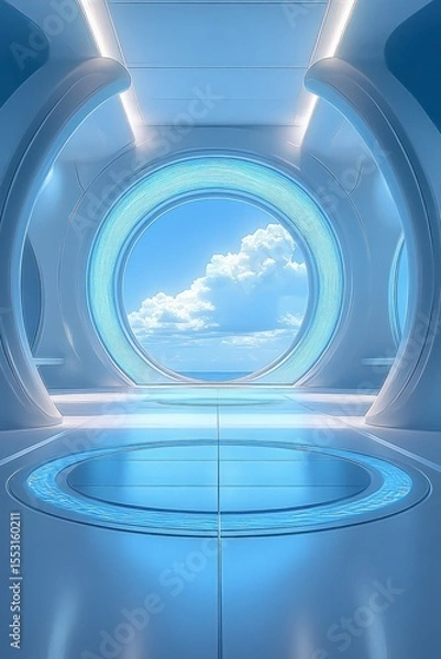 Obraz Futuristic circular room with smooth white surfaces and glowing blue accents overlooking a bright sky with fluffy clouds through a large round window