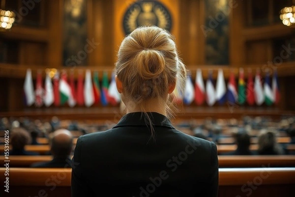 Obraz rear view of a woman with blonde hair in a bun attending a formal international conference with multiple national flags displayed in a large ornate hall