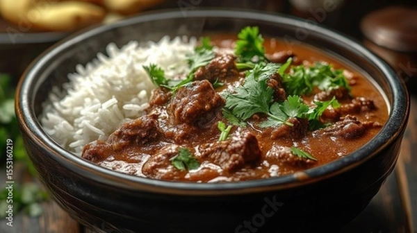 Obraz Close-up of a bowl filled with rich brown beef curry garnished with fresh cilantro, served alongside fluffy white rice, evoking warmth and hearty comfort