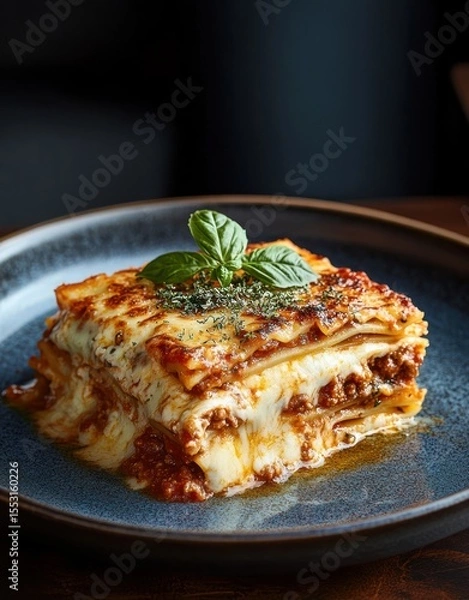 Obraz Close-up of a cheesy meat lasagna slice garnished with fresh basil leaves on a blue plate, showing rich tomato sauce and melted cheese layers, evoking a warm and appetizing feeling