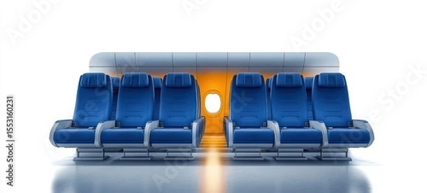Obraz Row of six modern blue airplane seats arranged in two groups of three with visible seat belts, illuminated by soft warm light through a single round airplane window behind them