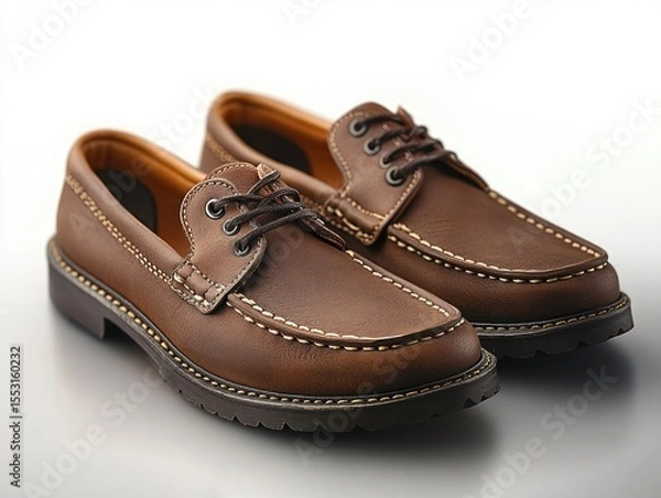 Obraz pair of brown leather casual shoes with black laces and detailed stitching on a white background