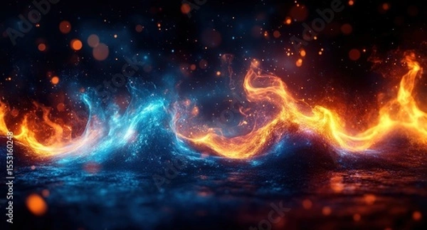 Obraz Dynamic and vivid blue water waves clashing against bright orange fire flames creating a powerful elemental contrast with glowing particles in a dark background