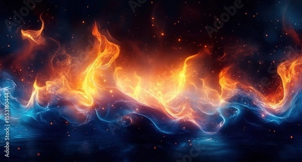 Obraz Dynamic flames and smoke intertwining in fiery orange and cool blue hues against a dark background evoking energy and contrast