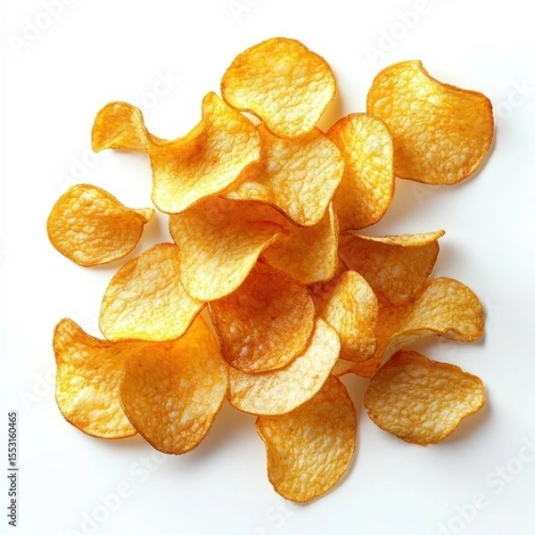 Obraz Crispy golden potato chips scattered on a white background showcasing their crunchy texture and appealing seasoning