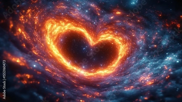 Obraz A glowing heart-shaped fiery vortex surrounded by a swirling cosmic nebula filled with stars and glowing gas clouds