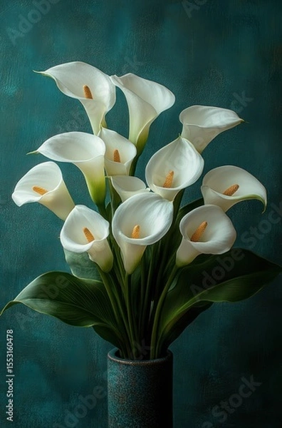 Obraz Elegant bouquet of white calla lilies with large green leaves arranged in a textured dark vase against a deep teal background