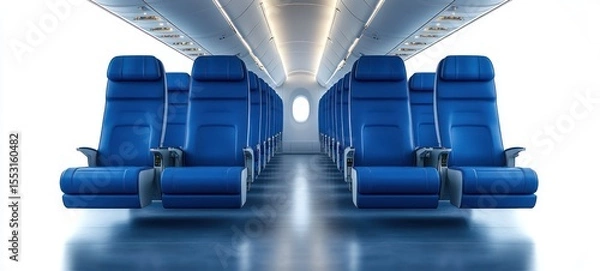 Obraz Empty airplane cabin with rows of blue leather seats and overhead storage compartments under soft lighting