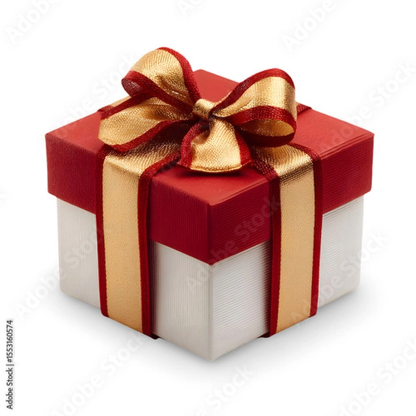 Fototapeta Festive Gift Box: A neatly wrapped gift box, adorned with a lustrous golden ribbon and bow, ready to give joy. Perfect for celebrating special occasions, evoking feelings of anticipation and delight.
