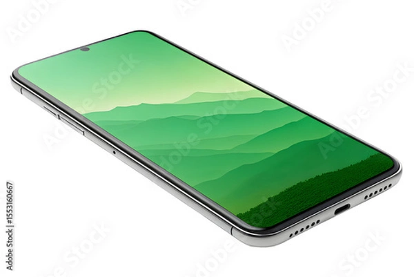 Fototapeta Smartphone isolated on transparent background displaying green landscape