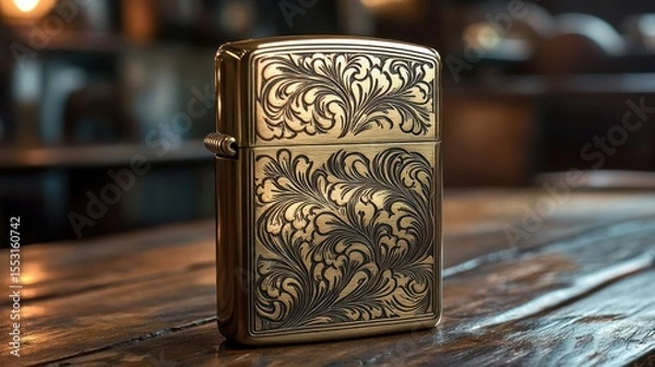 Obraz bronze-colored metallic lighter with intricate floral engravings placed on a wooden surface with warm ambient lighting