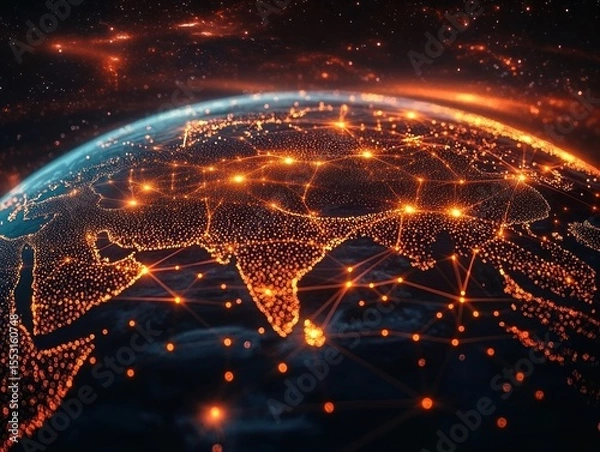 Obraz Glowing network connections over a digital representation of a continent at night showcasing illuminated cities and interconnected points symbolizing data and communication links