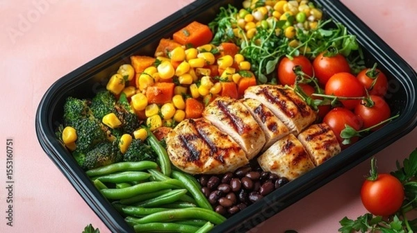 Obraz Healthy meal container with grilled chicken breast, fresh cherry tomatoes, black beans, green beans, broccoli, corn, diced carrots, and leafy greens on a pink surface