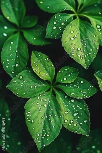 Obraz Close-up of vibrant green leaves covered with sparkling water droplets in natural light