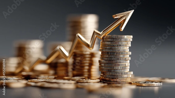 Fototapeta Coins stack with rising arrow reflects savings growth deflation and banking interest concept