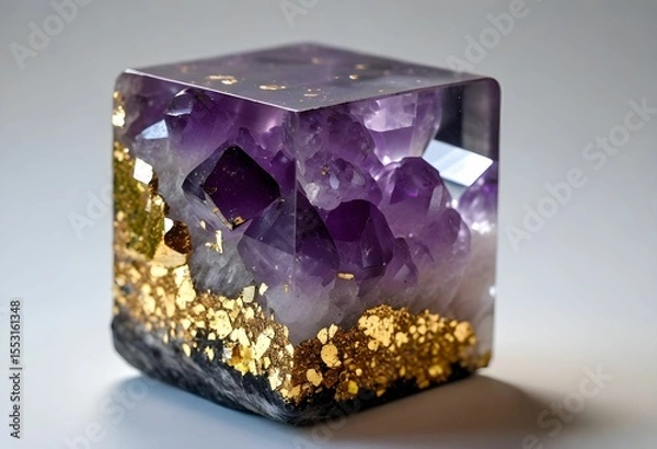 Fototapeta Cube de quartz améthyste avec des inclusions de micas dorées. Generated Image. 