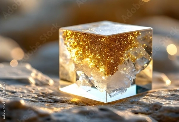 Fototapeta Cube de cristal de roche avec des inclusions de micas dorés. Generated Image. 
