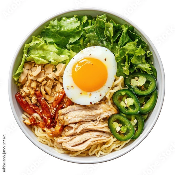 Fototapeta Delicious Chicken Ramen Bowl with Poached Egg Sun-dried Tomatoes and Jalapenos isolated on a transparent background