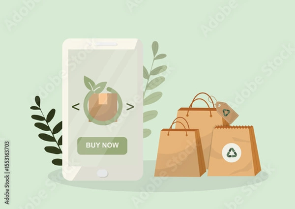 Fototapeta Mobile e-commerce sustainable shopping app interface with eco friendly packaging and recyclable shopping bags. Green online retail. Sustainable shopping. Eco-friendly purchasing. Vector illustration