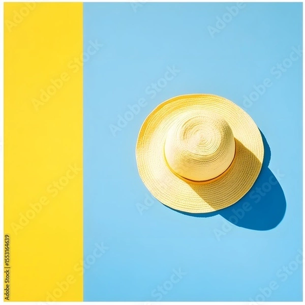Fototapeta Summer mood and yellow straw hat on color block background. Bright and eye-catching minimalist composition featuring a yellow straw sunhat placed on a split yellow and blue background. T
