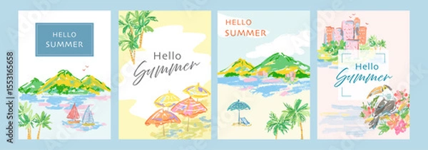 Obraz Vector summer cards set with islands, the ocean, yachts, palm trees, beach umbrellas, hibiscus flowers, tropical buildings, and toucans.