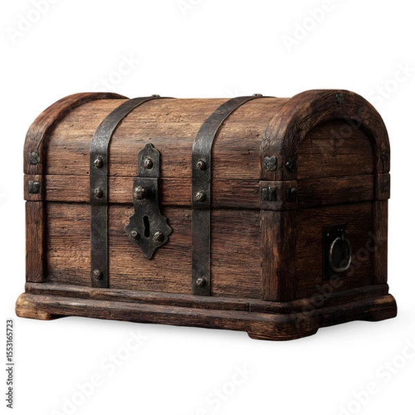 Fototapeta Hidden Riches: An aged, robust wooden chest with ornate iron accents hints at treasures within, invoking a sense of mystery and adventure. The antique aesthetic evokes a sense of history and allure.