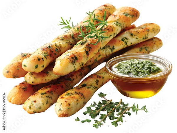 Fototapeta Garlic Breadsticks with Herb Dip: A delectable pile of golden-brown garlic breadsticks, sprinkled with herbs, sits invitingly next to a small bowl of vibrant green herb dip.