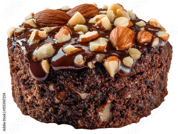 Fototapeta Delectable Dessert: A close-up shot of a rich, dark chocolate brownie topped with luscious nuts and glistening chocolate drizzle, offering a moment of pure indulgence.